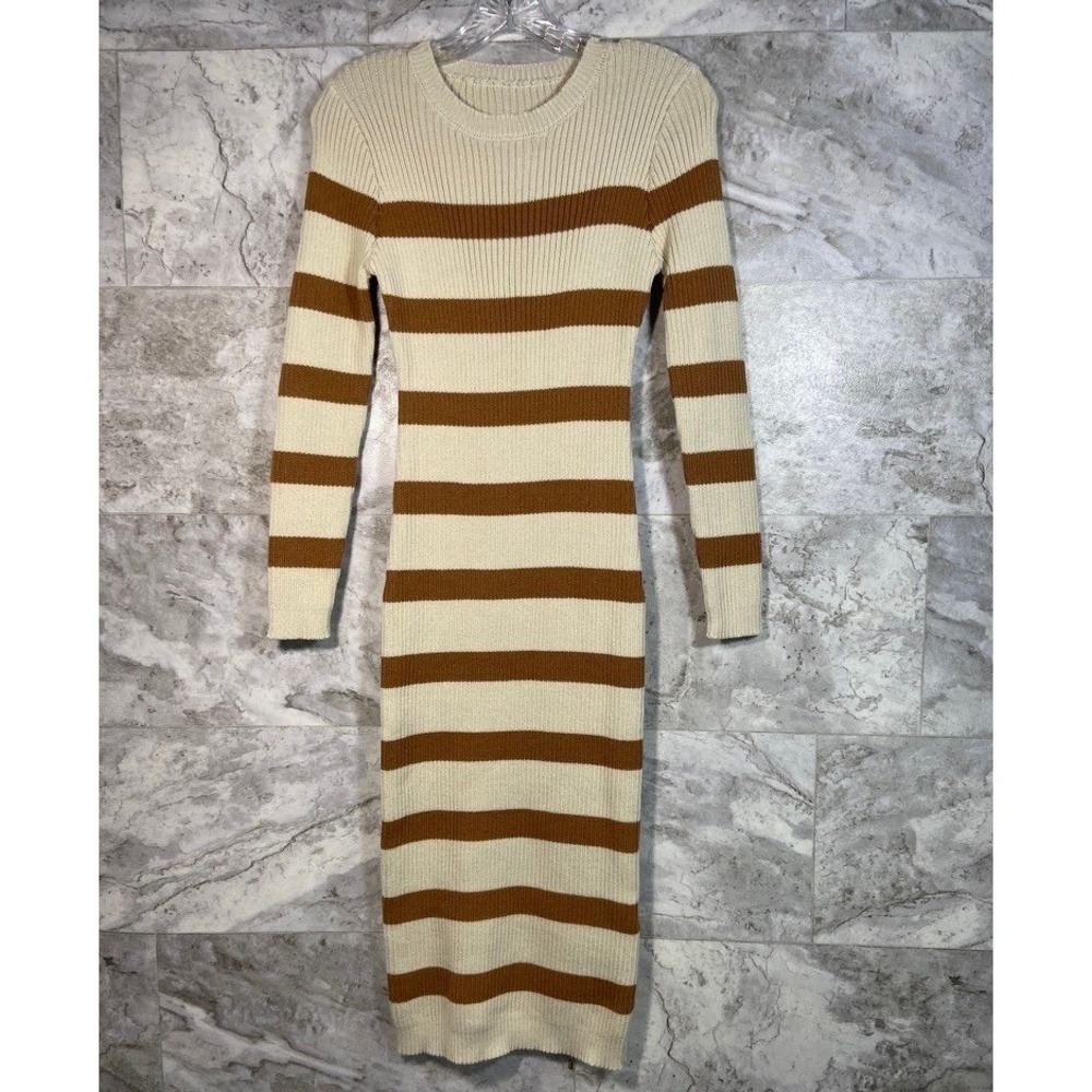 Women's Striped Sweater Dress Long Sleeve Beige Brown Midi Casual Sz L NWOT